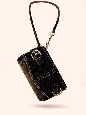 Coach Vintage Y2K Wristlet Signature Jacquard & Black Leather Pre-owned